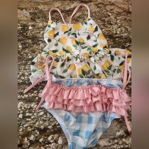Lemon Print Swimsuit with Pink Ruffles